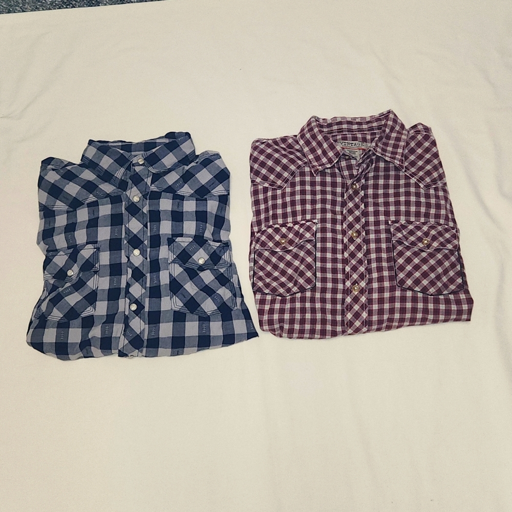 Men's Lot of 2 Vintage Route 66 Plaid Western LS Buttondown Shirts Medium